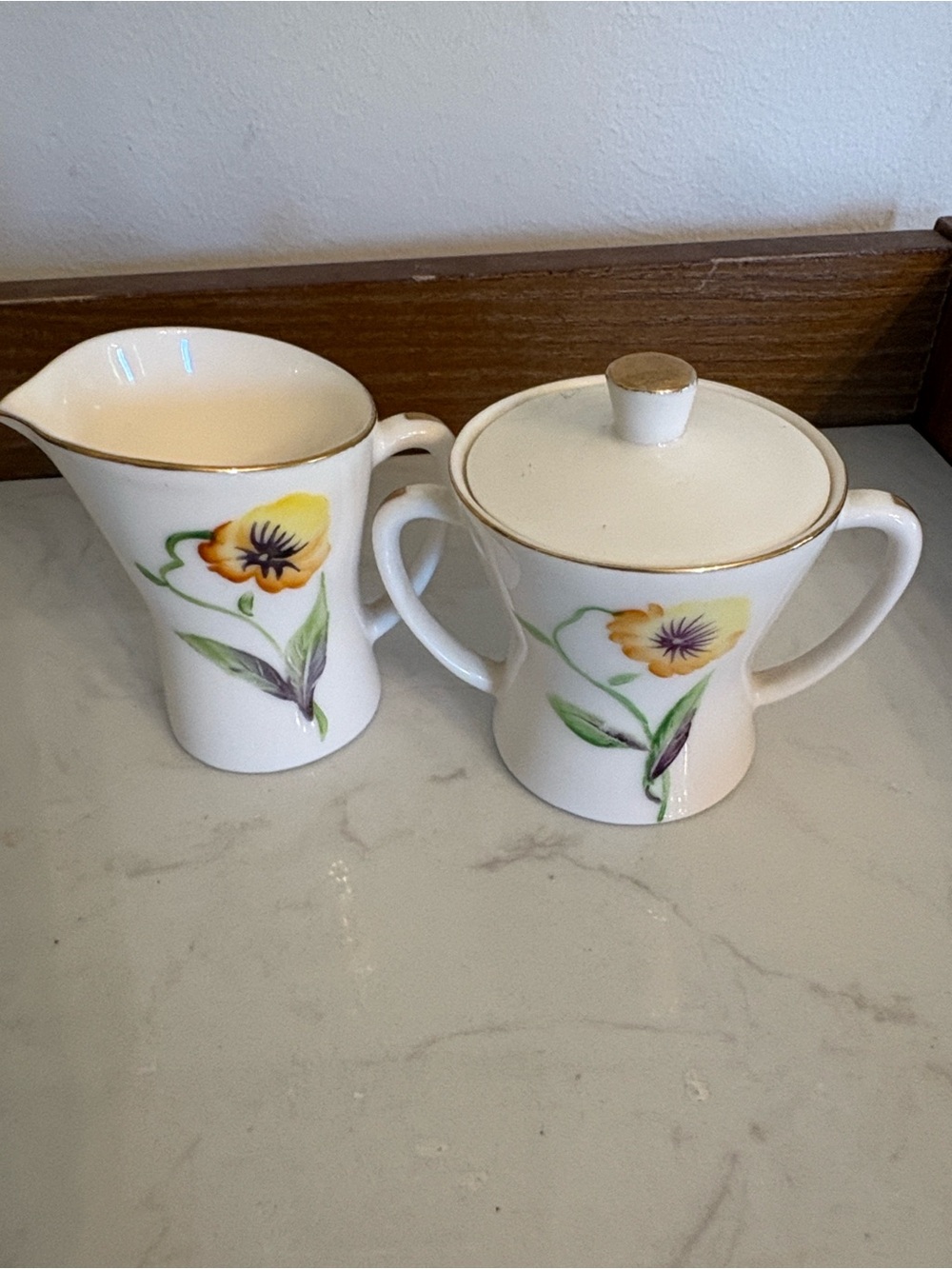Enesco Vintage Miniature Sugar Bowl & Creamer Set. Floral design with Gold Trim